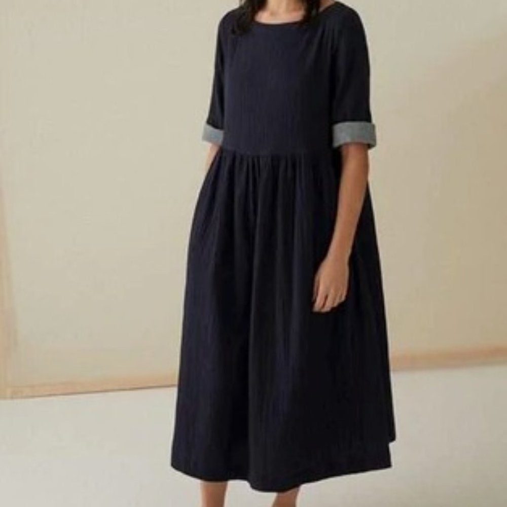 Toast Crinkled Cotton Dress - Deep Navy
